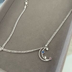 Silver Crescent Moon Necklace with Stars